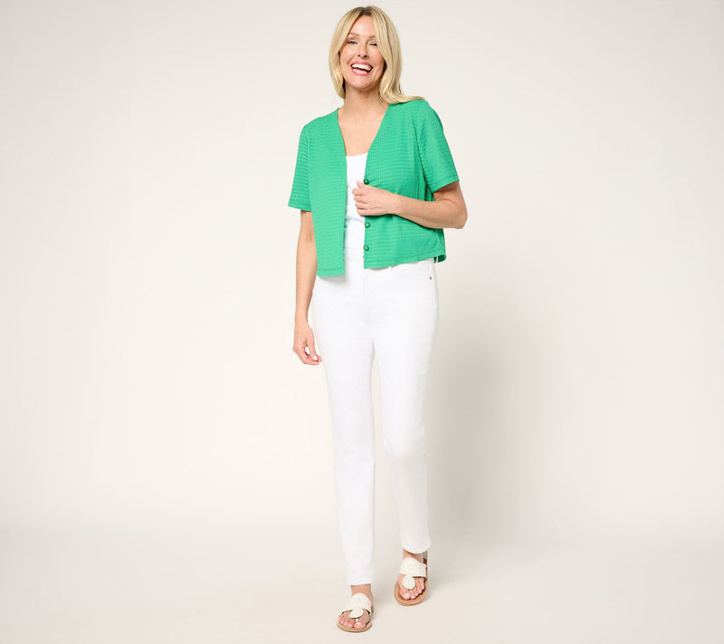 Susan Graver Textured Knit Button Front Short-Sleeve Shrug — View 5