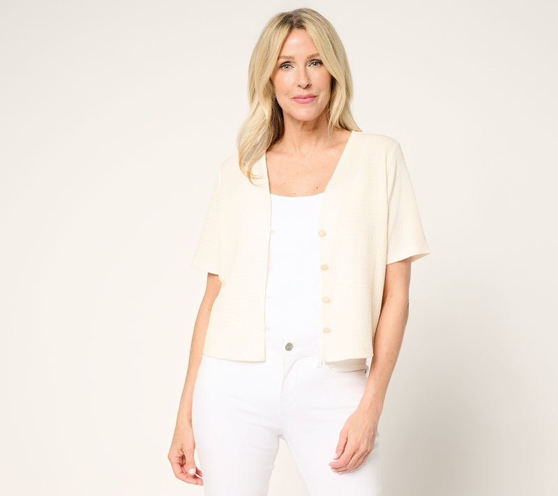 Susan Graver Textured Knit Button Front Short-Sleeve Shrug — View 14