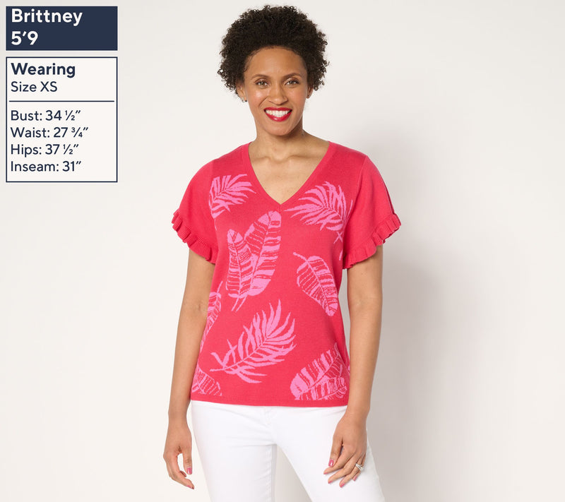 Susan Graver Jacquard Sweater with Flutter Sleeves — View 11