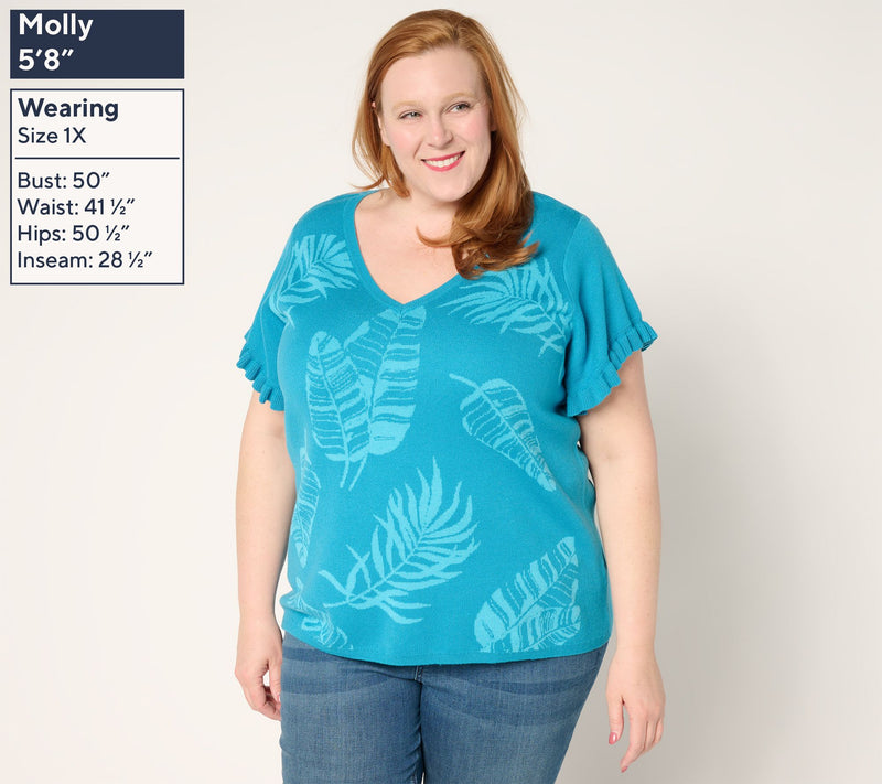 Susan Graver Jacquard Sweater with Flutter Sleeves — View 10
