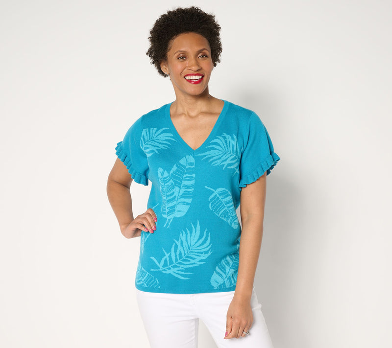Susan Graver Jacquard Sweater with Flutter Sleeves — View 5