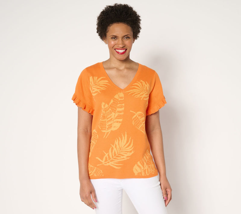 Susan Graver Jacquard Sweater with Flutter Sleeves — View 9