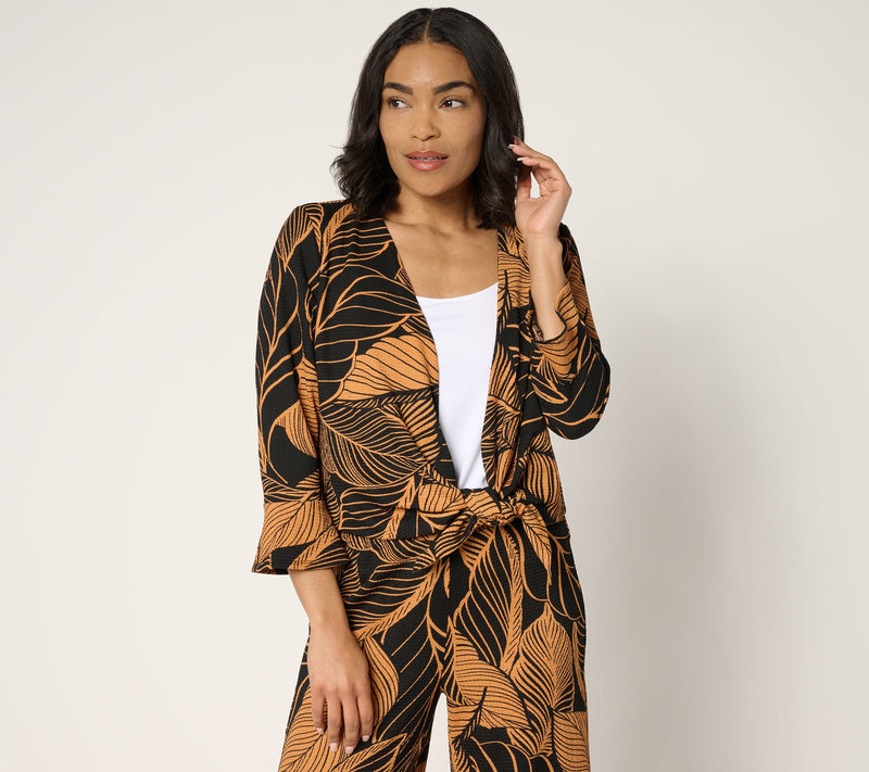 Susan Graver Printed Textured Knit Flounce-Sleeve Tie Front Shrug — Main view