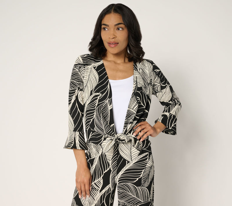 Susan Graver Printed Textured Knit Flounce-Sleeve Tie Front Shrug — View 7