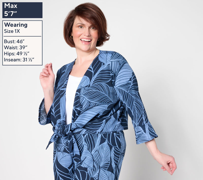 Susan Graver Printed Textured Knit Flounce-Sleeve Tie Front Shrug — View 8
