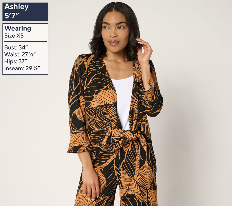 Susan Graver Printed Textured Knit Flounce-Sleeve Tie Front Shrug — View 9