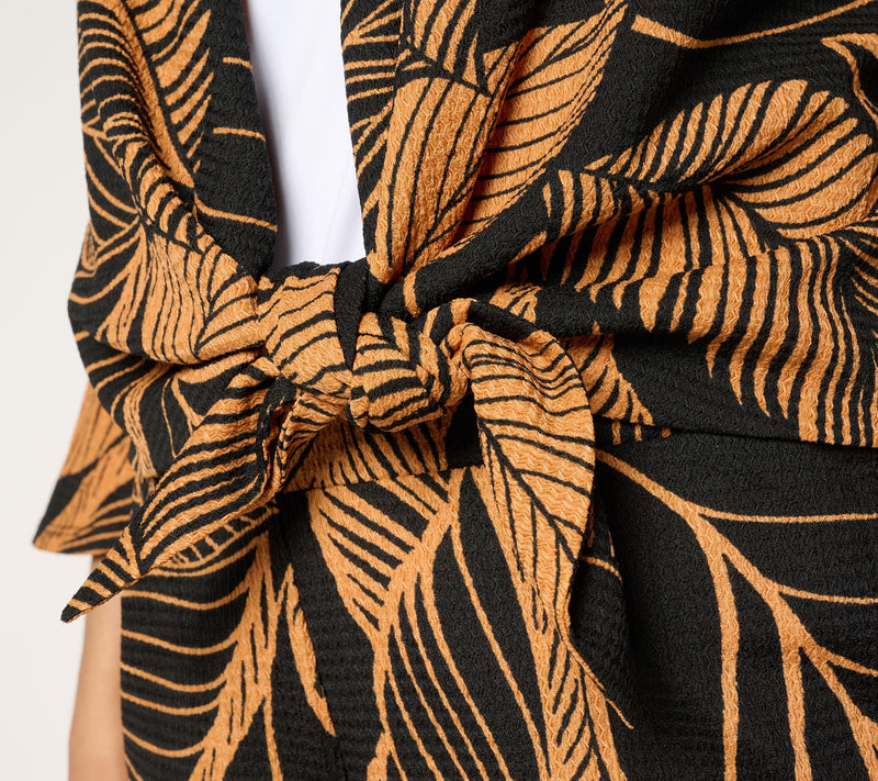 Susan Graver Printed Textured Knit Flounce-Sleeve Tie Front Shrug — View 12