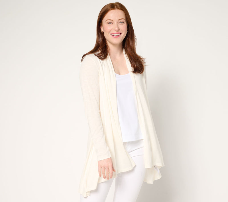 Susan Graver Weekend Petite Textured Jersey Drape Front Cardigan — View 14