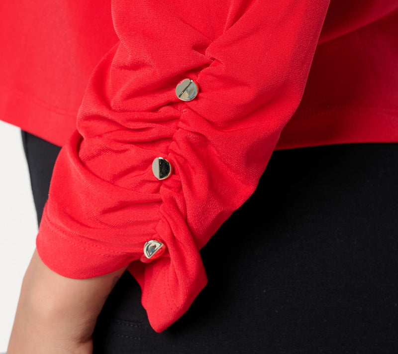 Susan Graver Liquid Knit Shrug with Shirring & Button Detail — View 14