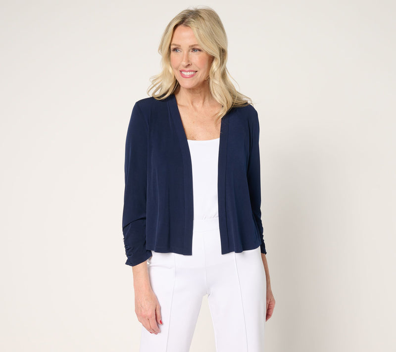 Susan Graver Liquid Knit Shrug with Shirring & Button Detail — View 5