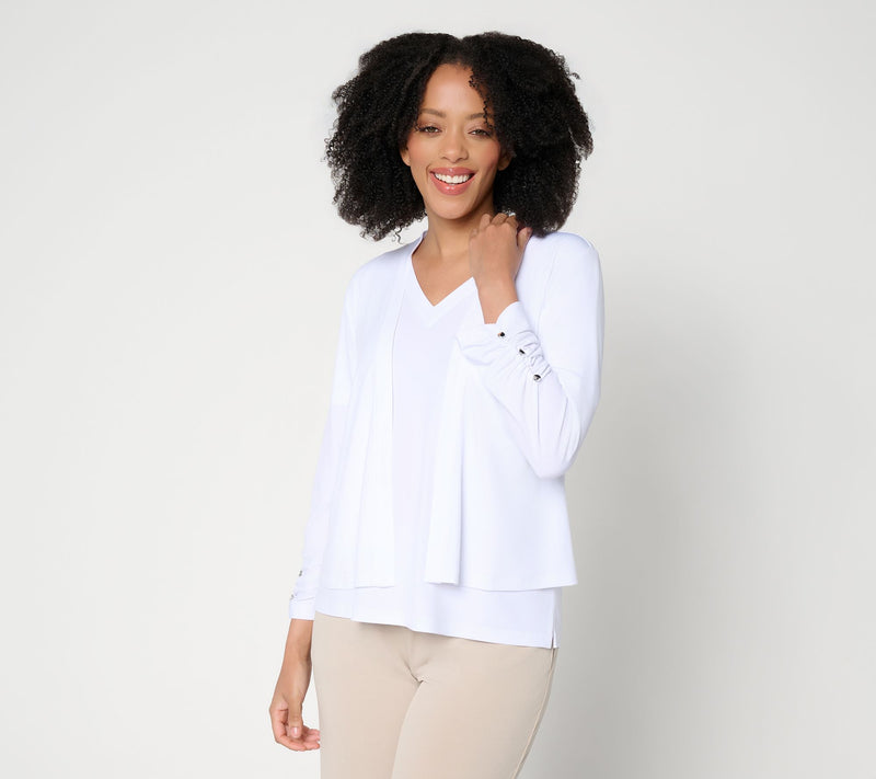 Susan Graver Liquid Knit Shrug with Shirring & Button Detail — View 17