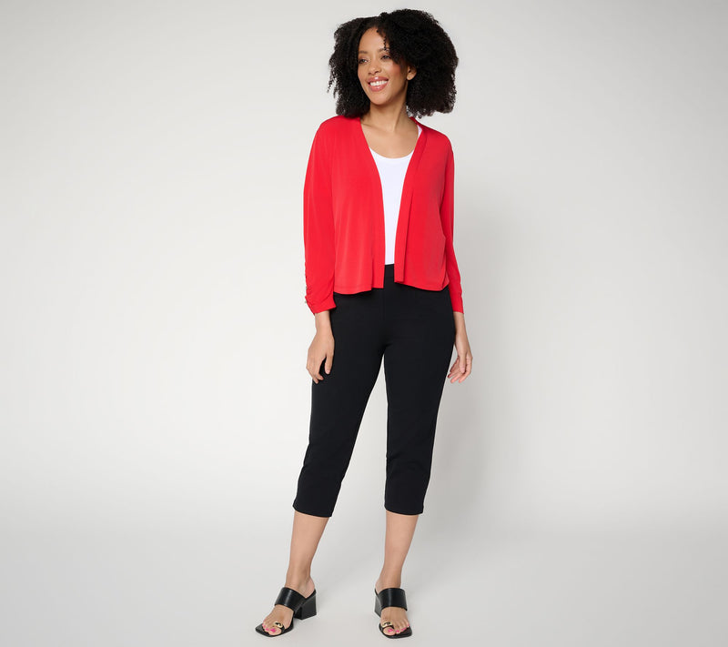 Susan Graver Liquid Knit Shrug with Shirring & Button Detail — View 13
