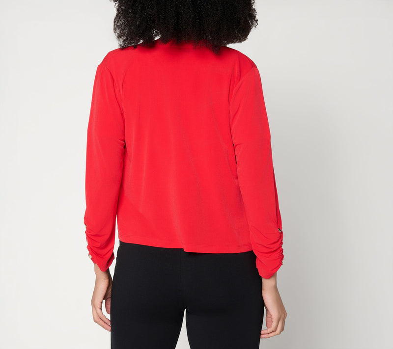 Susan Graver Liquid Knit Shrug with Shirring & Button Detail — View 12