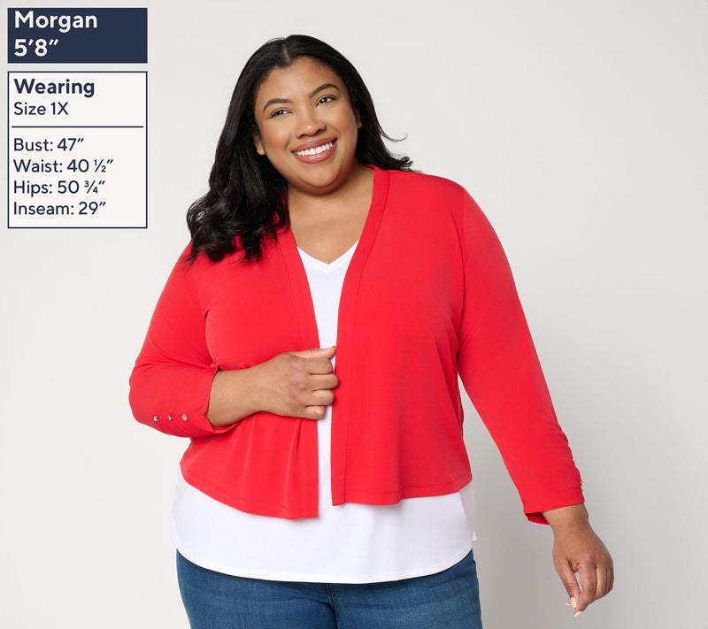 Susan Graver Liquid Knit Shrug with Shirring & Button Detail — View 10