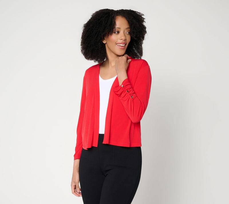 Susan Graver Liquid Knit Shrug with Shirring & Button Detail — Main view