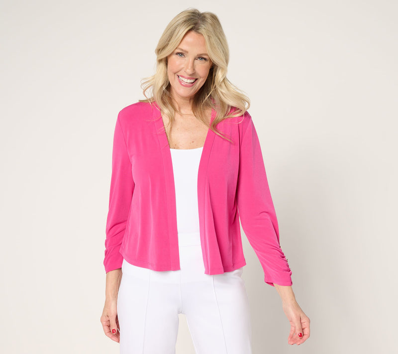 Susan Graver Liquid Knit Shrug with Shirring & Button Detail — View 3
