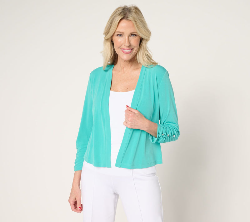 Susan Graver Liquid Knit Shrug with Shirring & Button Detail — View 9