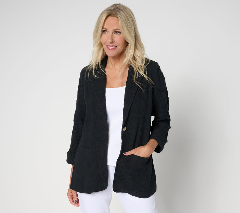 Peace Love World Boheme 100% Cotton Gauze Blazer with Embroidery — View 14