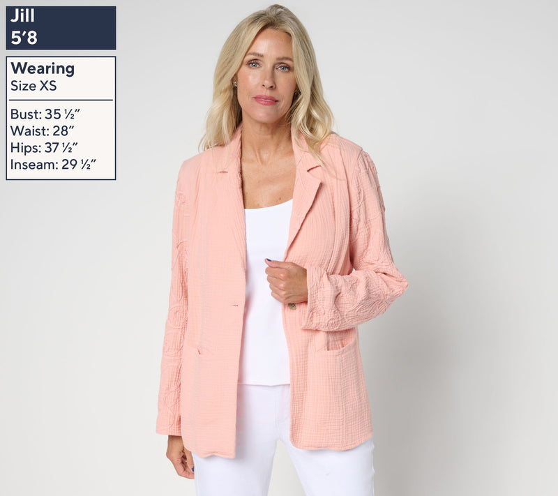 Peace Love World Boheme 100% Cotton Gauze Blazer with Embroidery — View 3