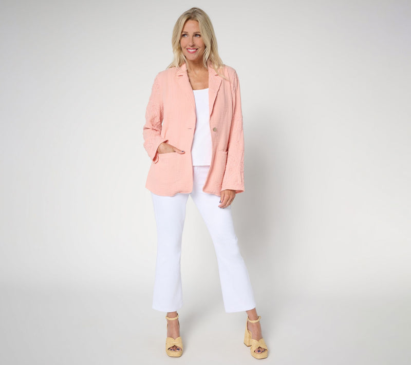 Peace Love World Boheme 100% Cotton Gauze Blazer with Embroidery — View 5
