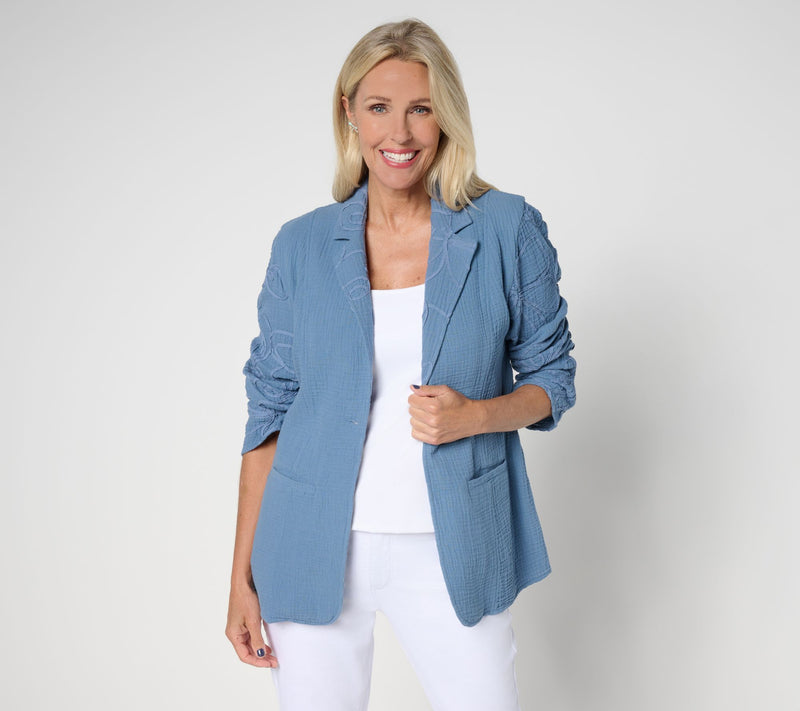 Peace Love World Boheme 100% Cotton Gauze Blazer with Embroidery — View 16