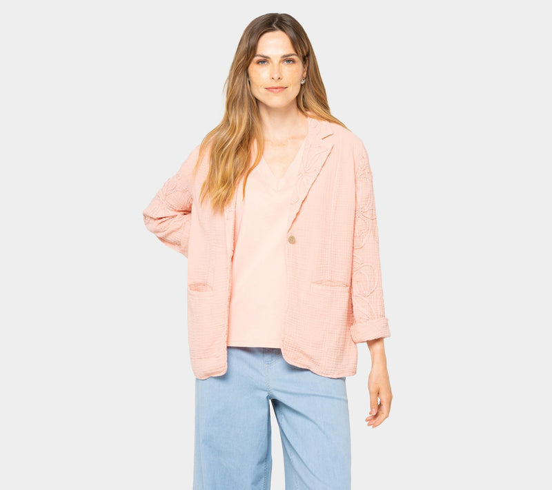 Peace Love World Boheme 100% Cotton Gauze Blazer with Embroidery — View 7