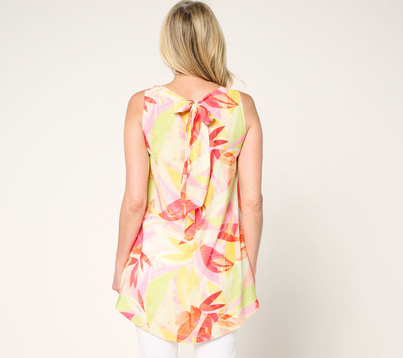 Susan Graver Regular Printed Dolce Textured Woven Tie Back Hi Low Tunic — View 4