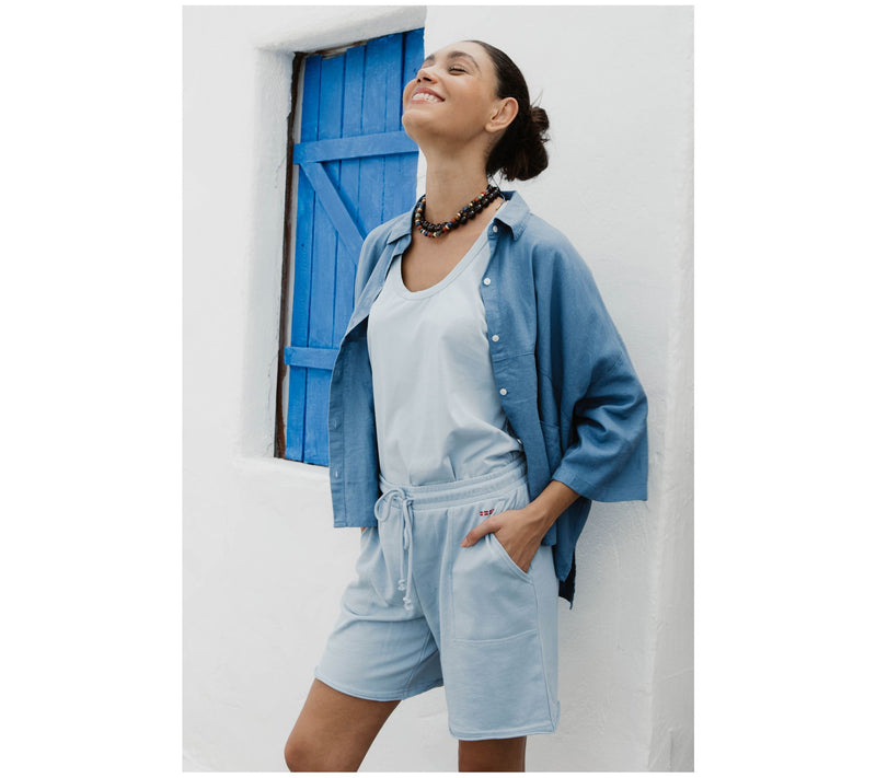Peace Love World Boheme Linen Blend Pieced Short Sleeve Shirt — View 8