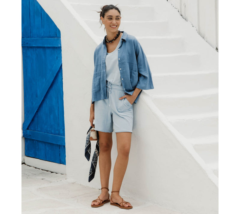 Peace Love World Boheme Linen Blend Pieced Short Sleeve Shirt — View 7