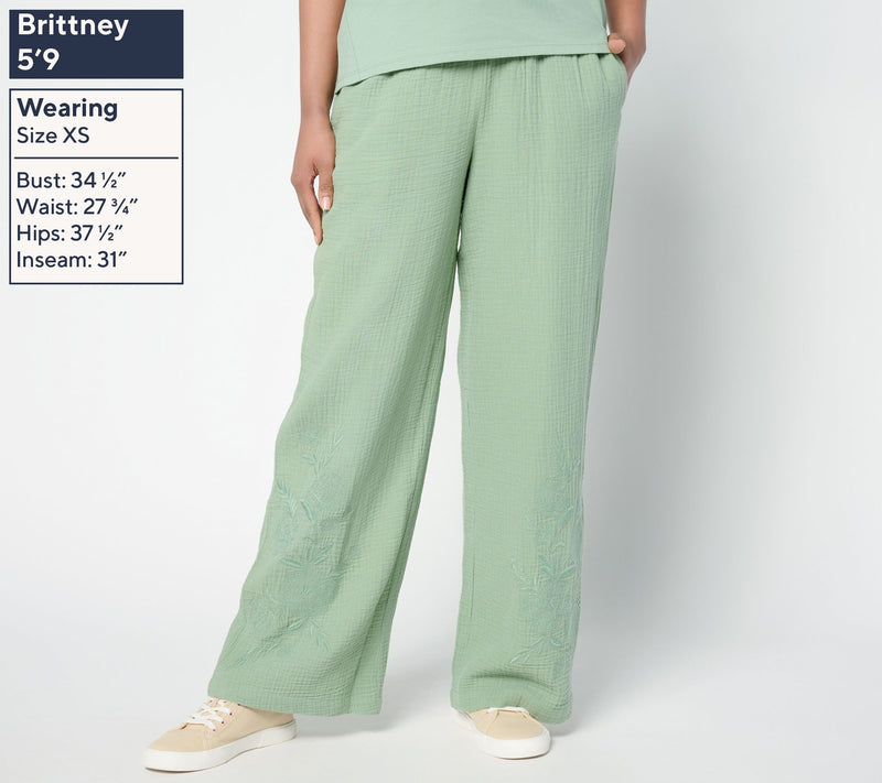 Peace Love World Boheme Petite Cotton Gauze Pants with Embroidery — View 9