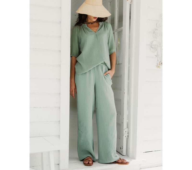 Peace Love World Boheme Petite Cotton Gauze Pants with Embroidery — View 13