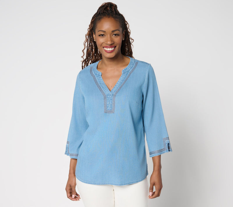 Susan Graver Stretch Chambray Top with Stitch Detail — Main view