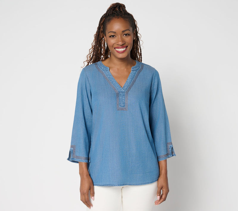 Susan Graver Stretch Chambray Top with Stitch Detail — View 10