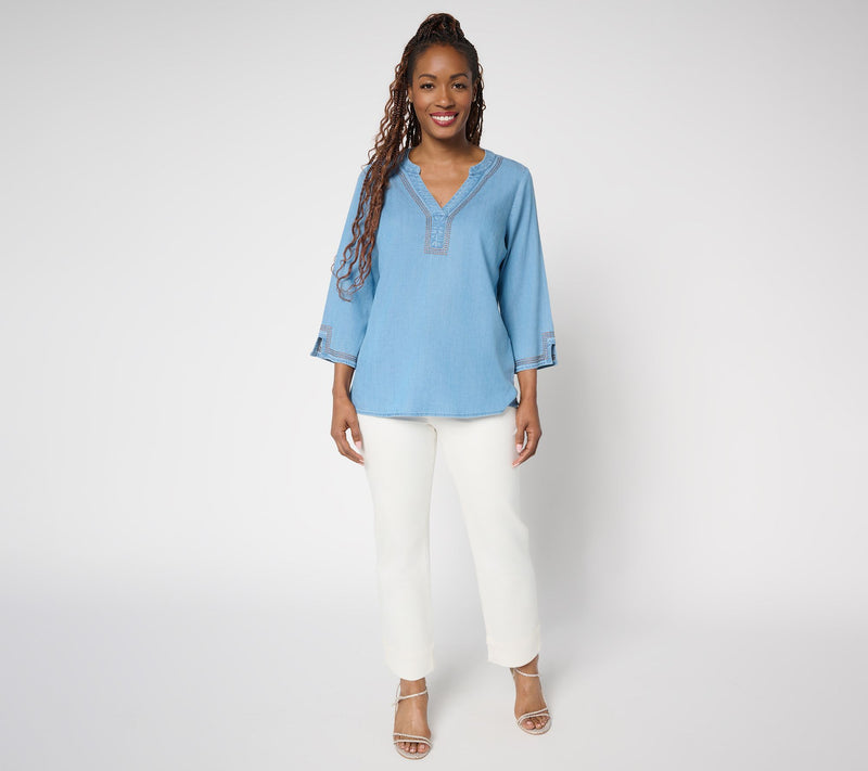 Susan Graver Stretch Chambray Top with Stitch Detail — View 4