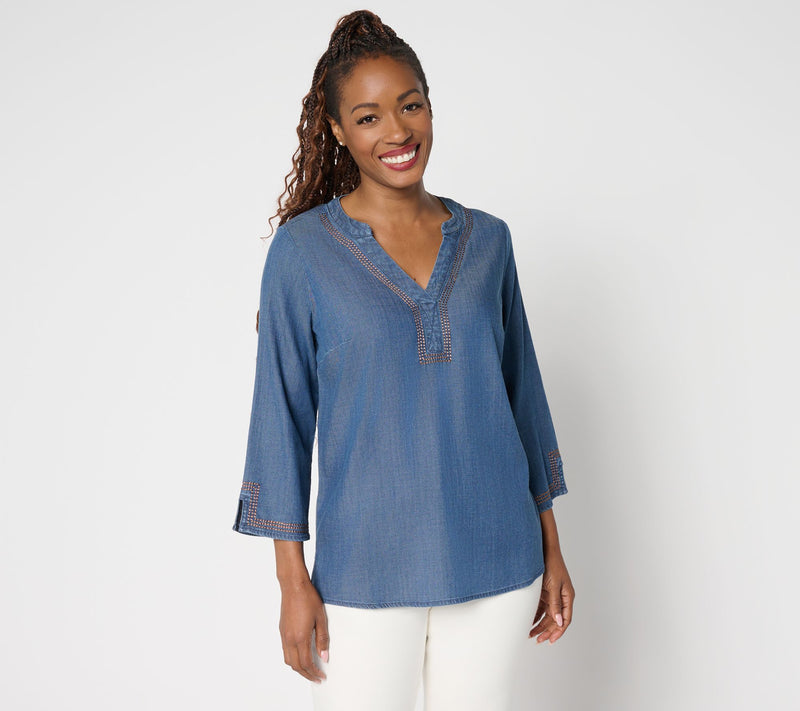 Susan Graver Stretch Chambray Top with Stitch Detail — View 11