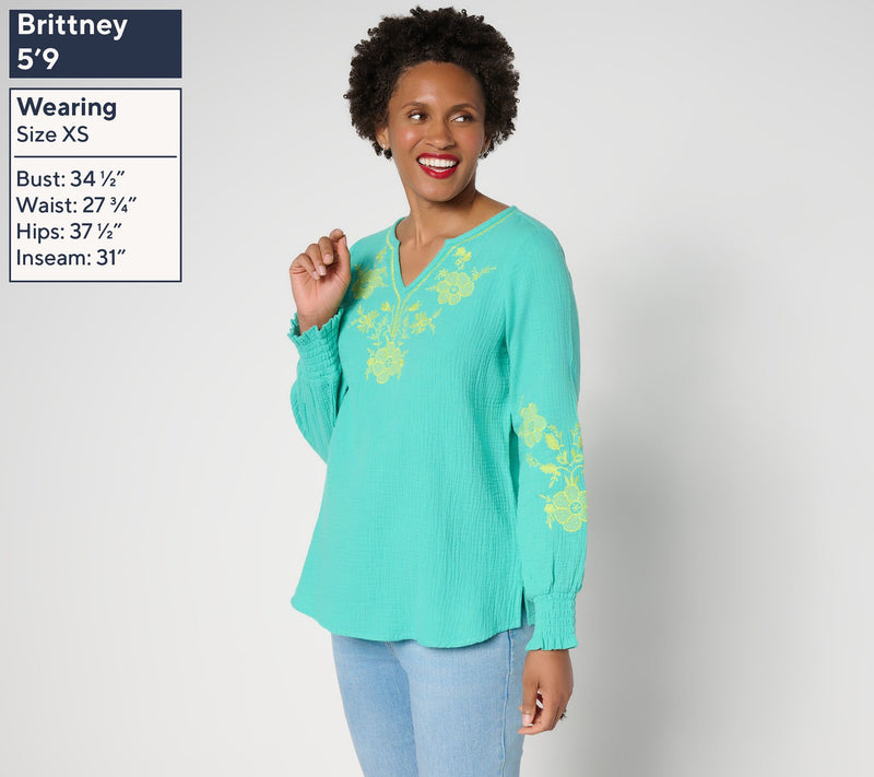 Belle Beach by Kim Gravel Cotton Gauze Embroidered Peasant Top — View 3