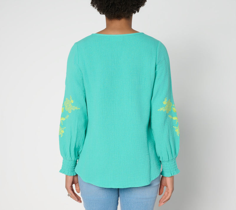Belle Beach by Kim Gravel Cotton Gauze Embroidered Peasant Top — View 4