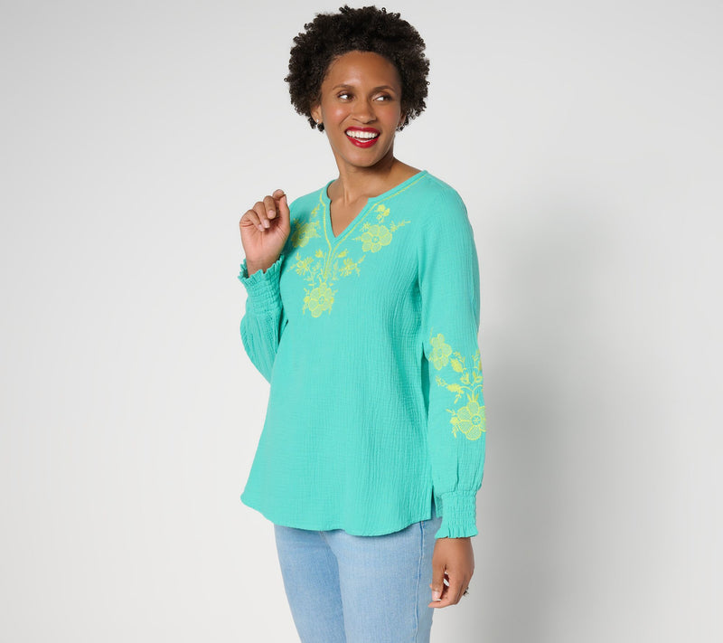 Belle Beach by Kim Gravel Cotton Gauze Embroidered Peasant Top — View 12