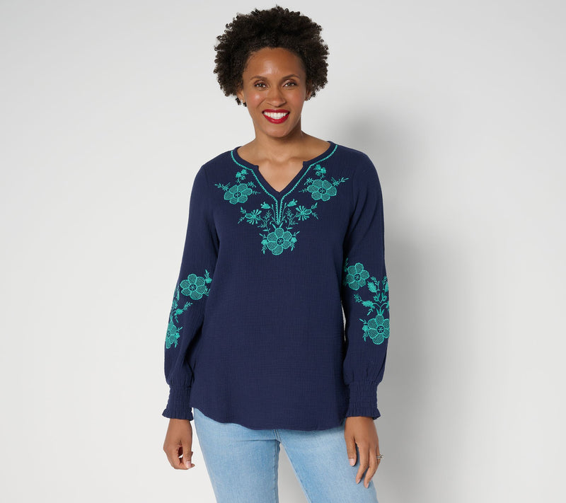 Belle Beach by Kim Gravel Cotton Gauze Embroidered Peasant Top — View 13