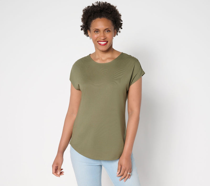 Belle by Kim Gravel Ruched Shoulder Peached Modal Blend Top — View 17