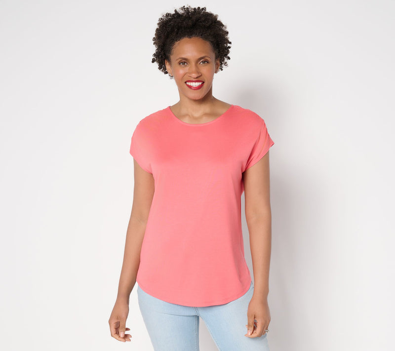 Belle by Kim Gravel Ruched Shoulder Peached Modal Blend Top — View 18