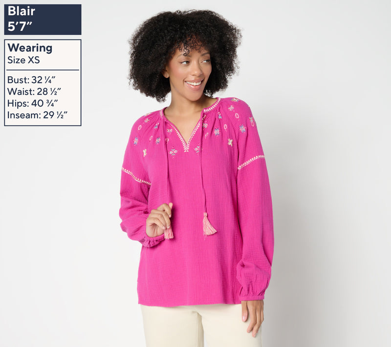 Belle by Kim Gravel Summer Sunset Cotton Gauze Tassel Top — View 3