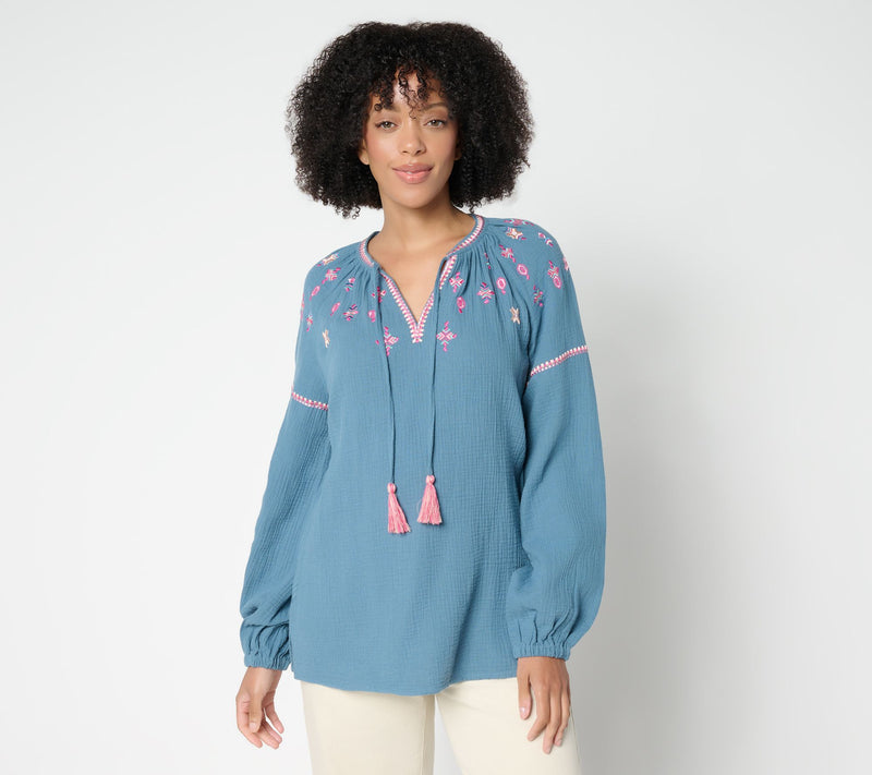 Belle by Kim Gravel Summer Sunset Cotton Gauze Tassel Top — View 18