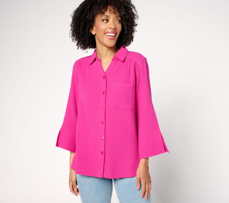 Belle by Kim Gravel Summer Sunset Cotton Gauze Button Up Shirt — View 14