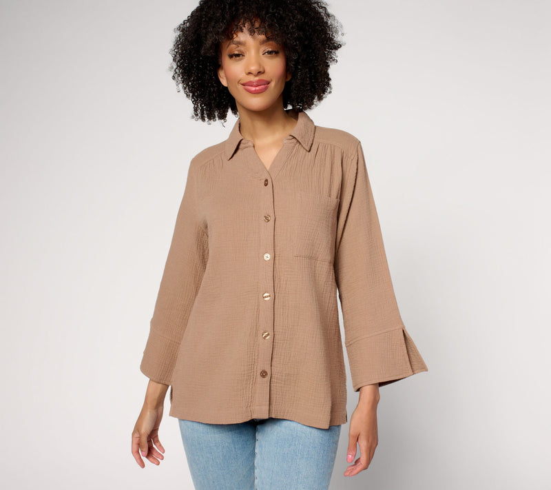 Belle by Kim Gravel Summer Sunset Cotton Gauze Button Up Shirt — View 15