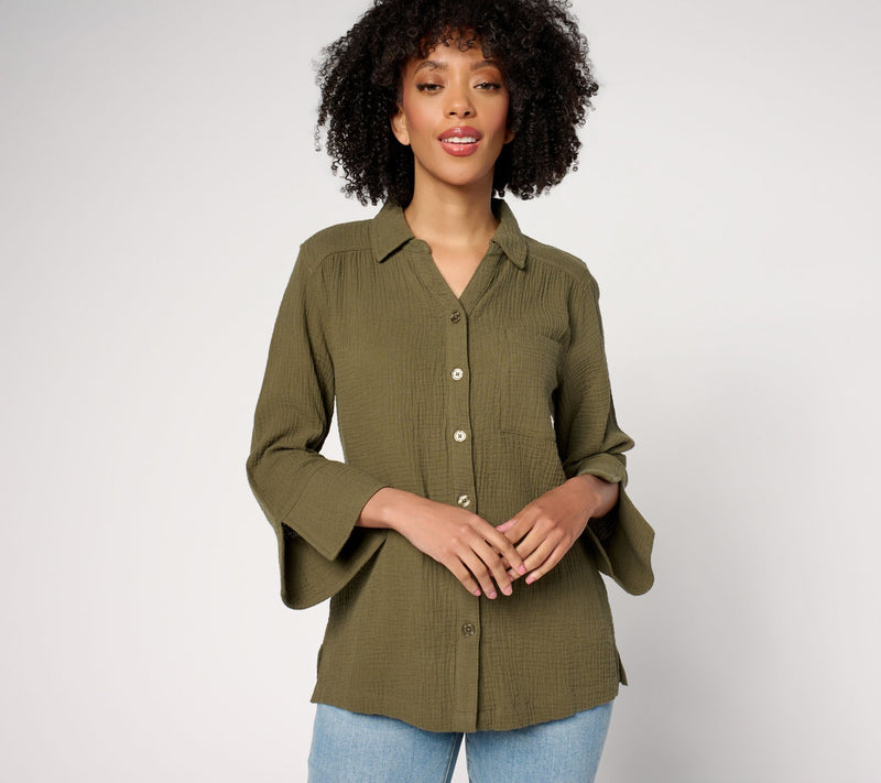 Belle by Kim Gravel Summer Sunset Cotton Gauze Button Up Shirt — View 16