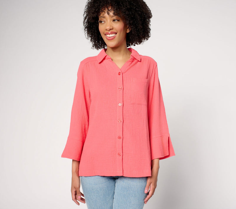 Belle by Kim Gravel Summer Sunset Cotton Gauze Button Up Shirt — View 17