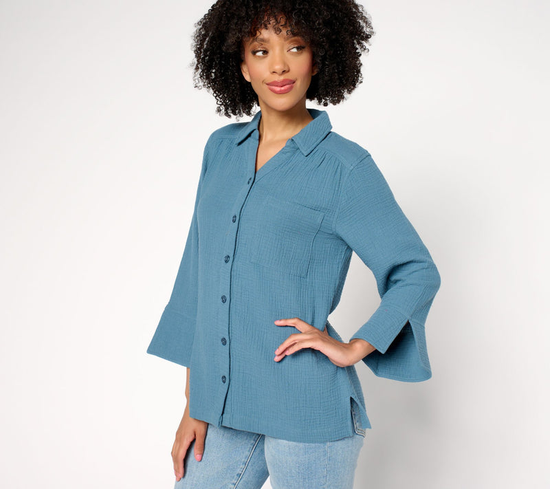 Belle by Kim Gravel Summer Sunset Cotton Gauze Button Up Shirt — View 18
