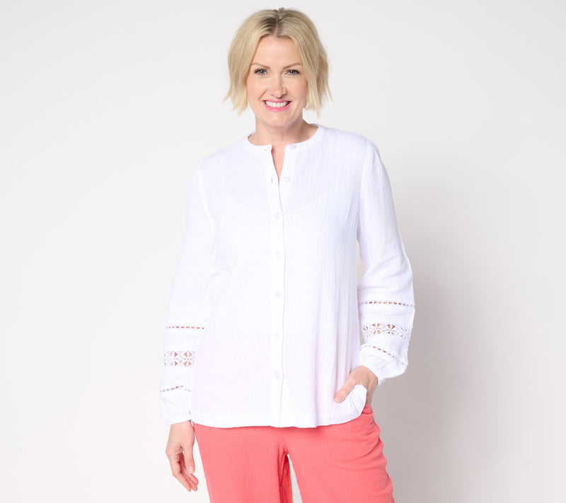 Belle Beach by Kim Gravel Cotton Gauze Ladder Lace Button Up Top — View 12