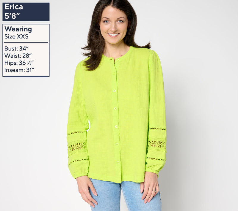 Belle Beach by Kim Gravel Cotton Gauze Ladder Lace Button Up Top — View 15